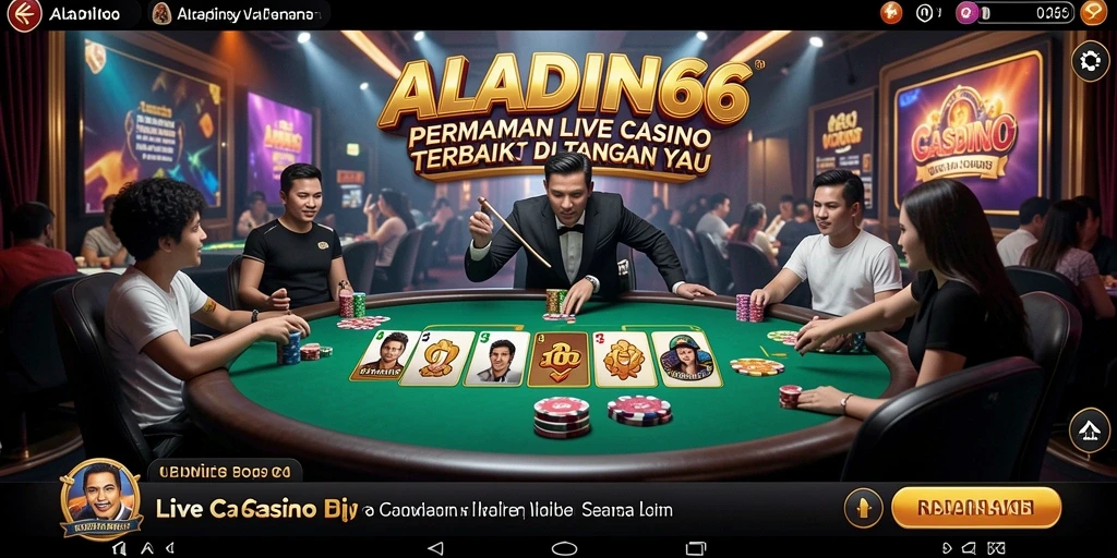 Screenshot gameplay ALADIN66 dengan dealer langsung dan suasana kasino yang realistis.