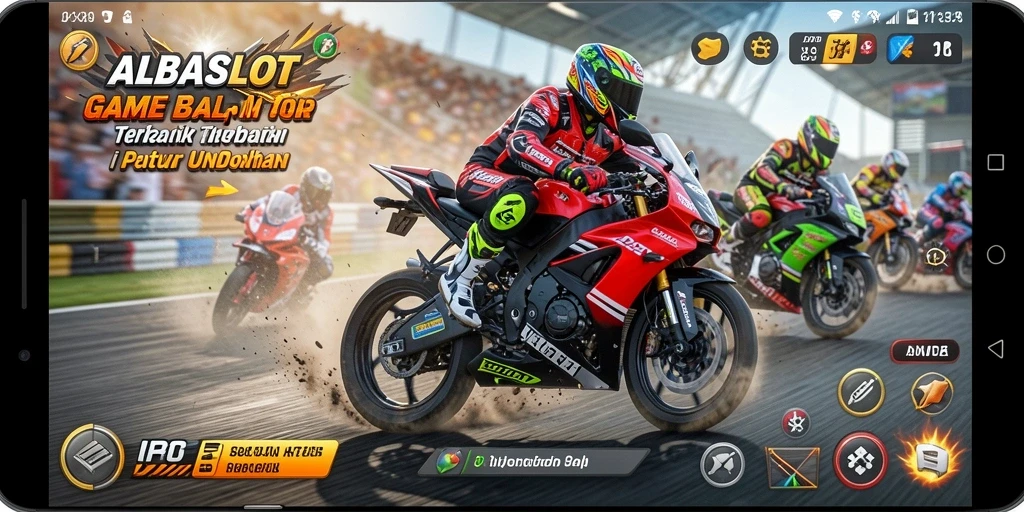 Tampilan gameplay seru ALBASLOT dengan balapan motor yang mendebarkan.