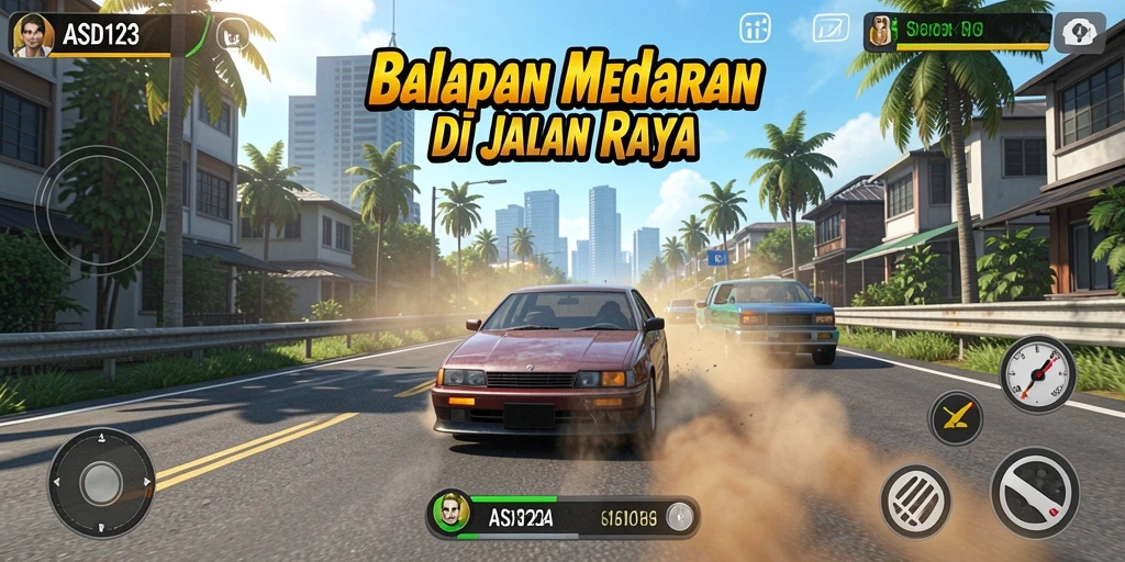 Tangkapan layar menampilkan balapan intens di lintasan perkotaan.