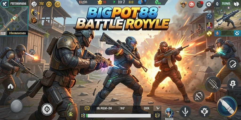 Screenshot gameplay BIGPOT88 yang menampilkan pertempuran intens di arena.