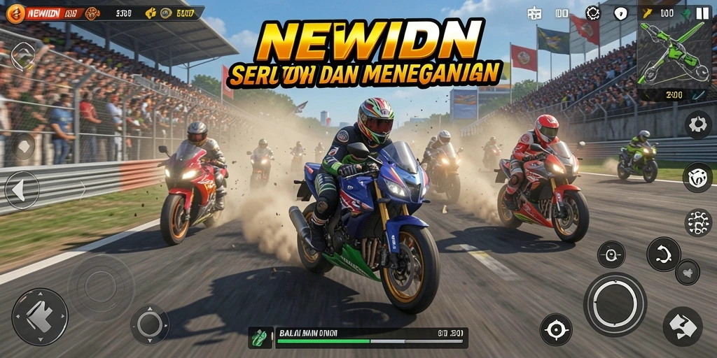 Tampilan aksi balapan motor yang mendebarkan dan penuh kecepatan.