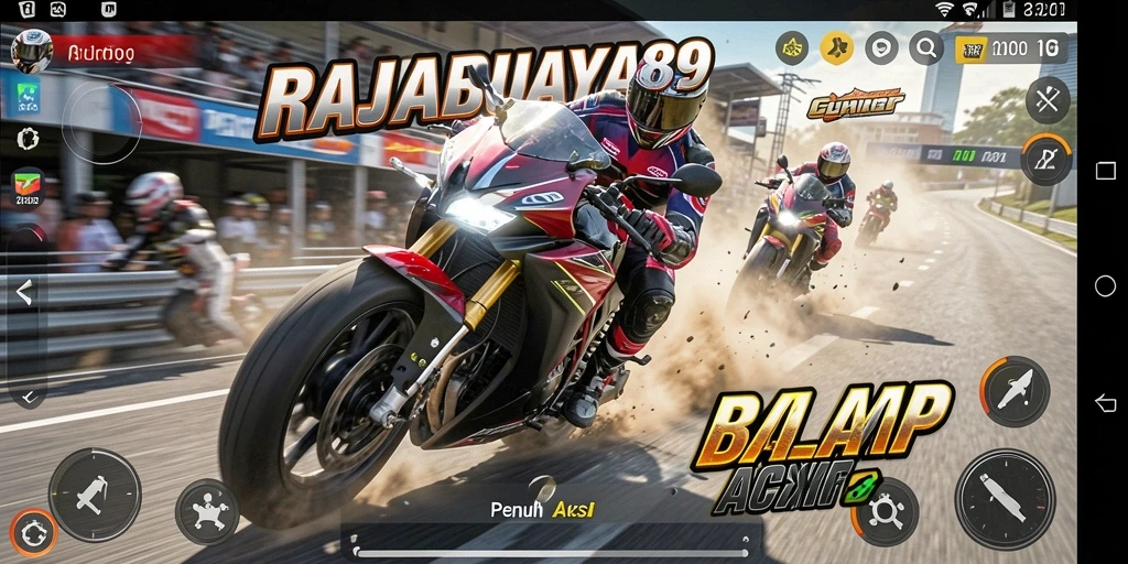 Screenshot gameplay dari RAJABUAYA89 menampilkan aksi balap motor yang mendebarkan.