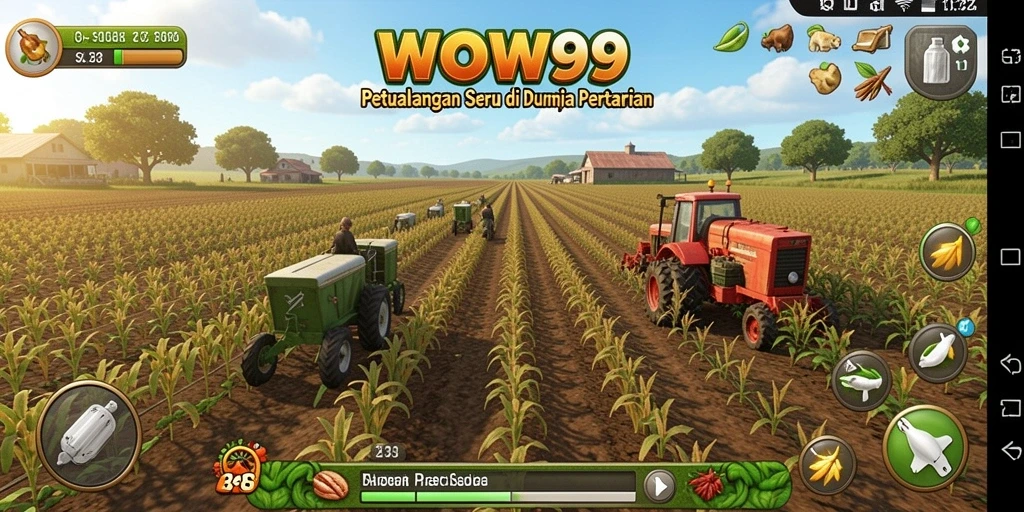 Screenshot gameplay WOW99 menampilkan ladang hijau dan hewan lucu beraktivitas.